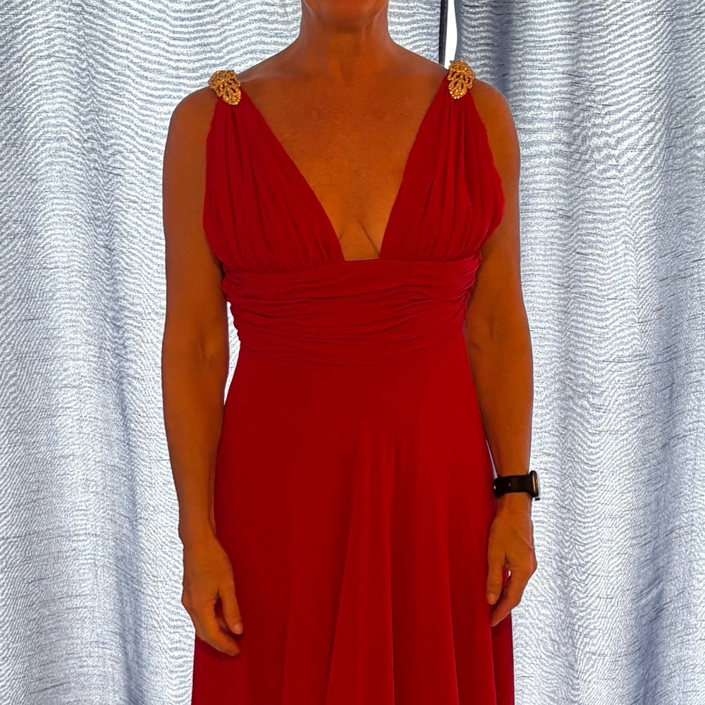 Faviana Red Maxi Dress with Gold Accents